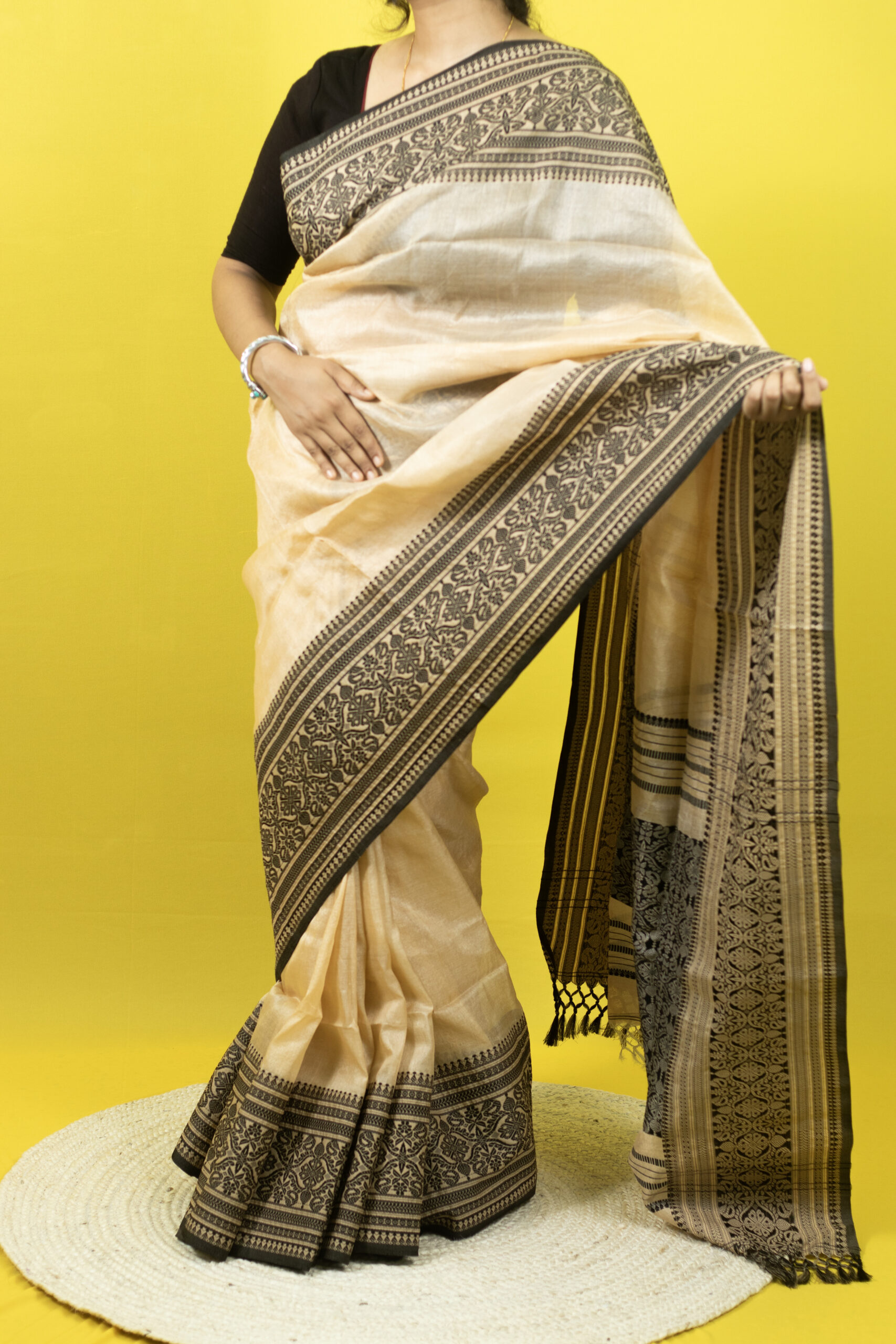 Beige (Tussar Colour) Broad border Tussar Silk saree - Image 1
